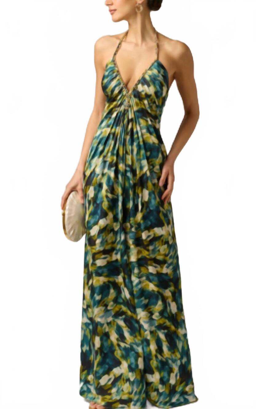 NEW ADRIANNA PAPELL printed stretch satin chain halter gown in green multi